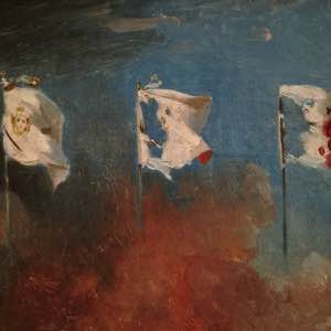 Léon Cogniet (1794-1880), Les drapeaux, 1830, Orléans, musée des beaux-arts..Chacun des trois drapeauw représente une journée des Trois Glorieuses : le drapeau blanc des Bourbons laisse place au drapeau tricolore, symbole de la révolution de 1789..〰.️Léon Cogniet, Pièce allégorique sur les différents drapeaux de la France, lithographie de Villain (XIXe siècle), Bibliothèque nationale de France (Gallica, Resegvr QB-201 (164) - FOL) Aux ténèbres enfin succède la clarté :.Et des pâles lambeaux du drapeau des esclaves,.Et se l'azur du ciel, et du sang de nos braves,.Nait l'étendard brillant de notre liberté ! #french #revolution #painting #paris #romanticism #history #flag #blue #white #red #exhibition #petit #palais #museum #france